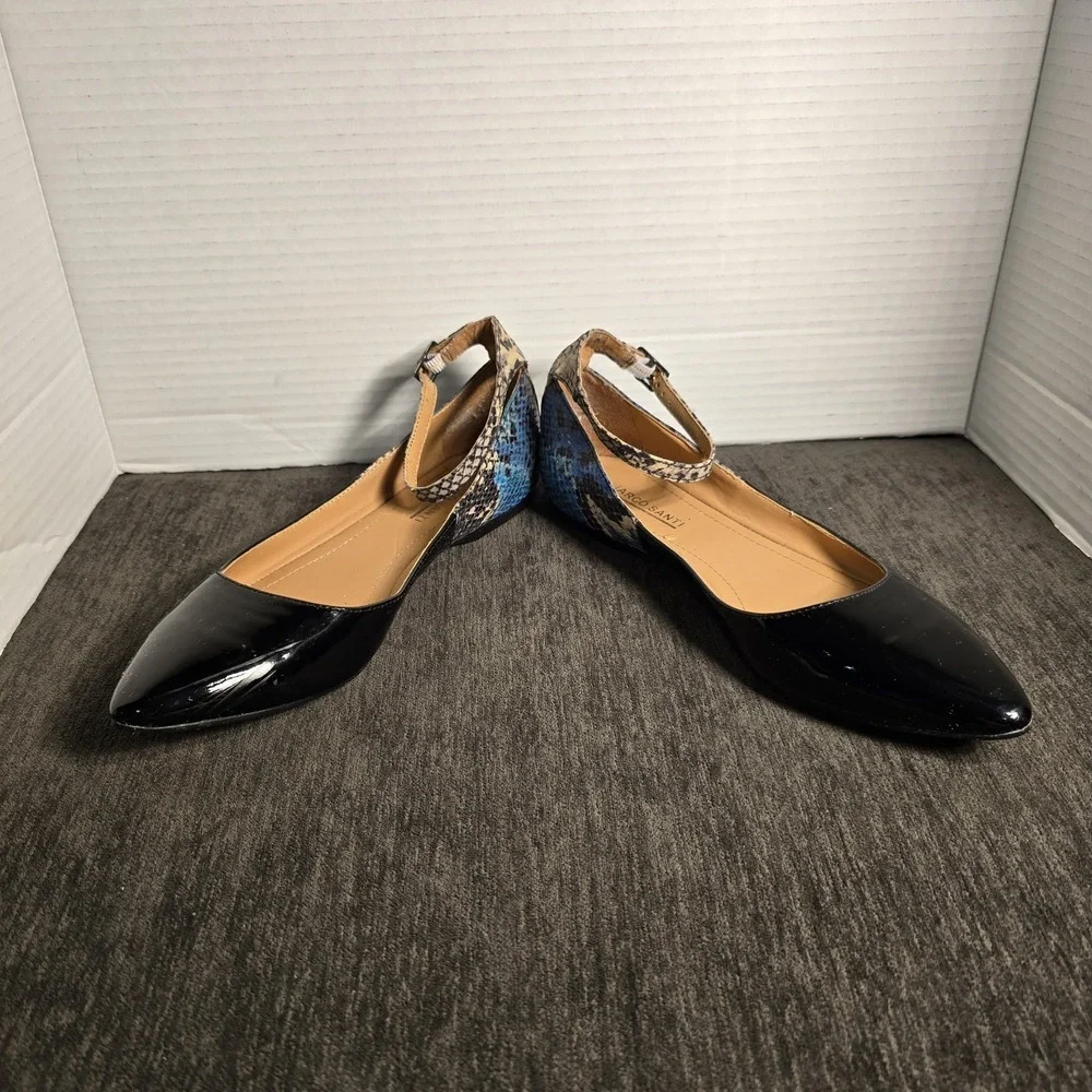 Marco Santi Womens Black Patent Blue Snakeskin Pointed Toe Ankle Strap Flats 6.5